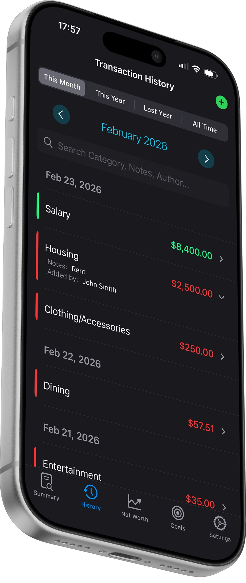 Budget Nerd transaction history screen